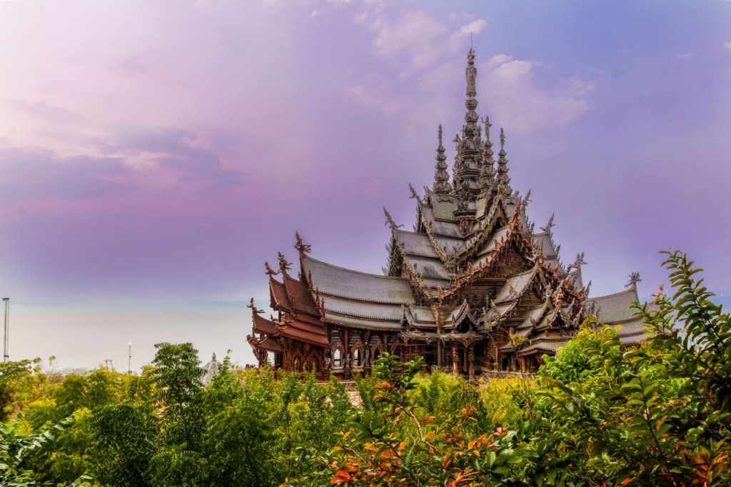 Distant side view of Sanctuary of Truth, Pattaya, Bangkok