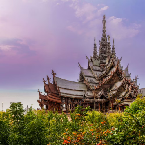 Distant side view of Sanctuary of Truth, Pattaya, Bangkok